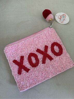 NWT XOXO Pink Beaded Coin Purse Embroidered Red Letter Boho Handmade Bag